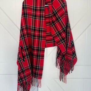 JCrew Red Plaid Fringe Shawl